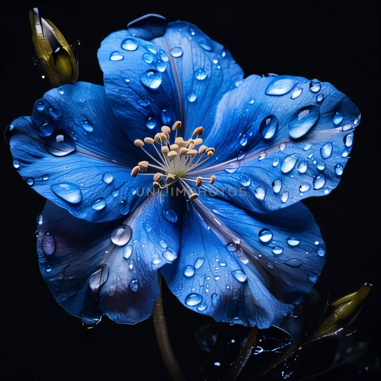 Blue flower with water drops isolated on black background. Flowering flowers, a symbol of spring, new life. by ThemesS