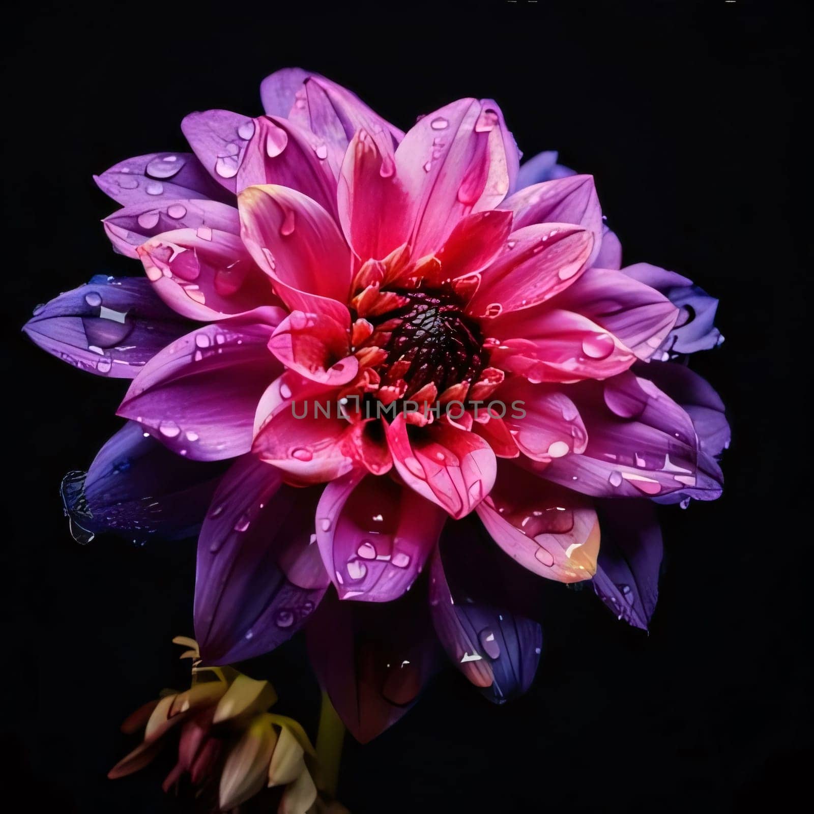 Pink flower with water drops isolated on black background. Flowering flowers, a symbol of spring, new life. A joyful time of nature waking up to life.