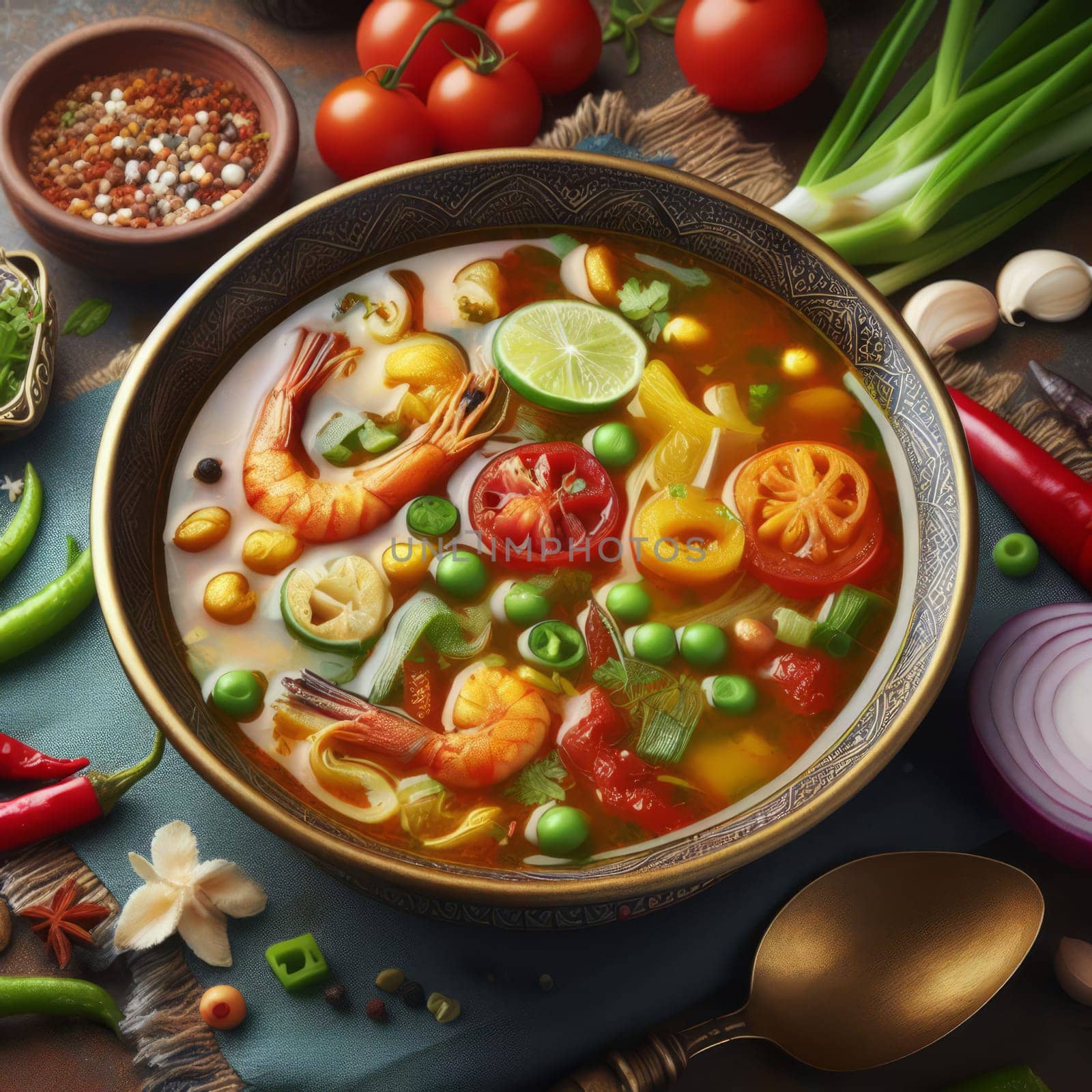 A bowl of vibrant Tom Yum soup, brimming with shrimp, mushrooms, and vegetables, served in a gold bowl against a backdrop of fresh ingredients