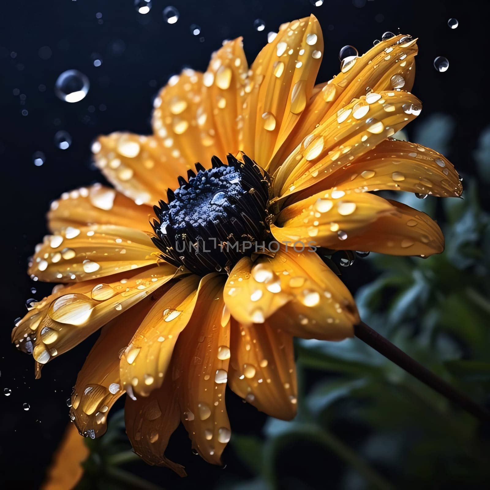 Orange flower with water drops isolated on black background. Flowering flowers, a symbol of spring, new life. by ThemesS