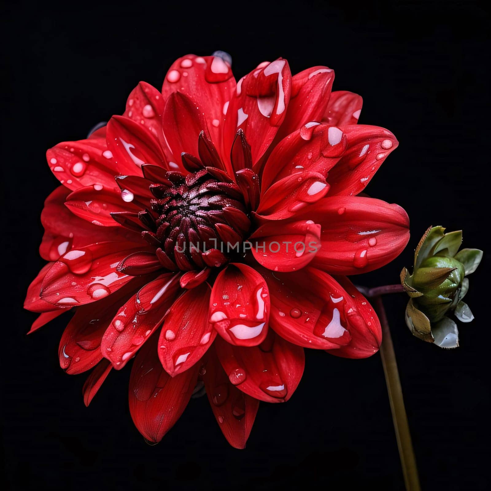 Red dahlia flower with water drops isolated on black background. Flowering flowers, a symbol of spring, new life. A joyful time of nature waking up to life.