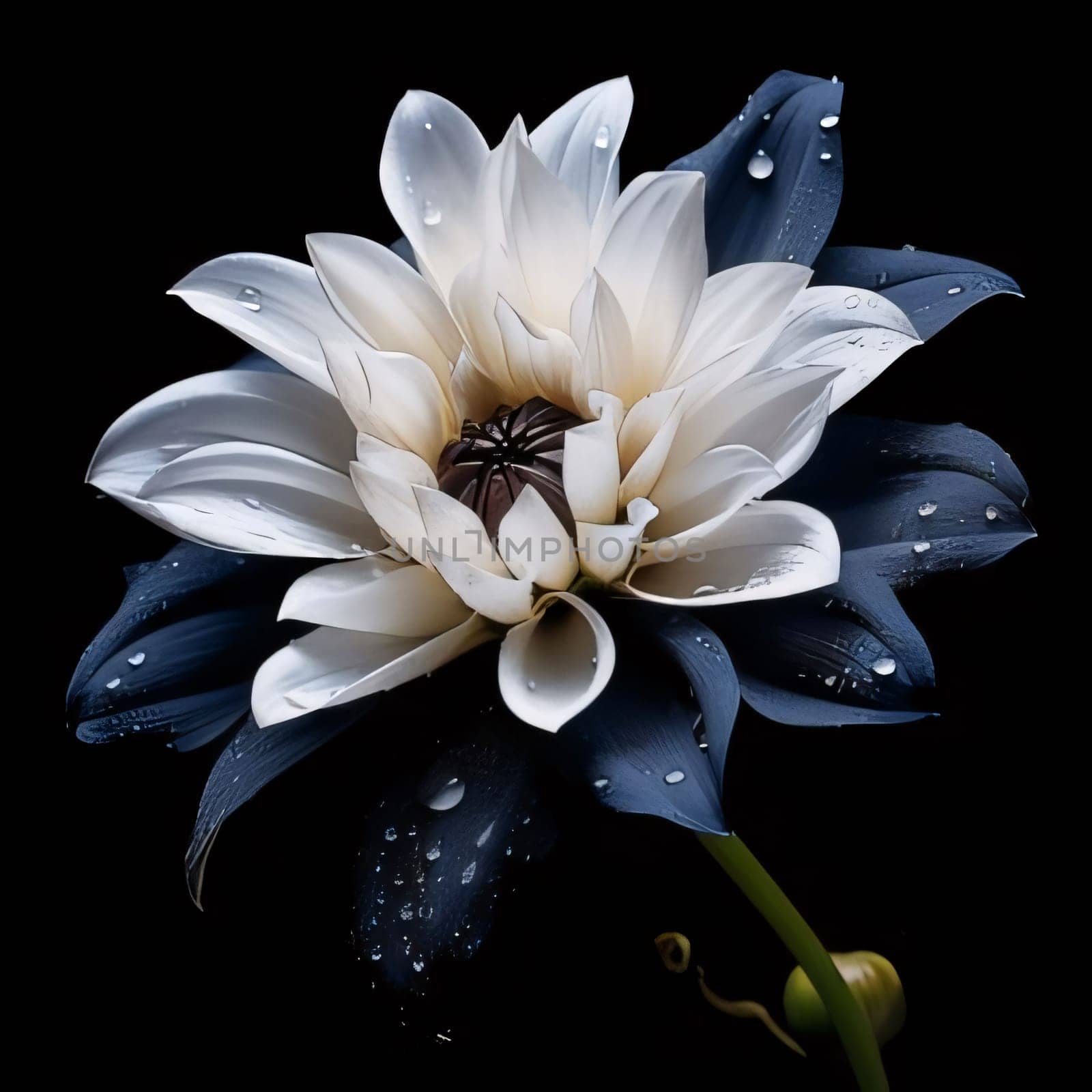 Black and white petal with water drops isolated on black background. Flowering flowers, a symbol of spring, new life. A joyful time of nature waking up to life.