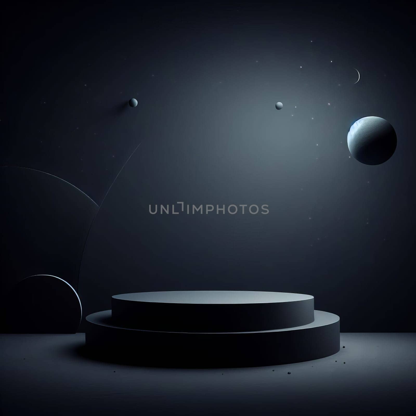 A dark, mystical scene with a highlighted podium, floating spheres, and particles, creating a magical or cosmic atmosphere. by sfinks