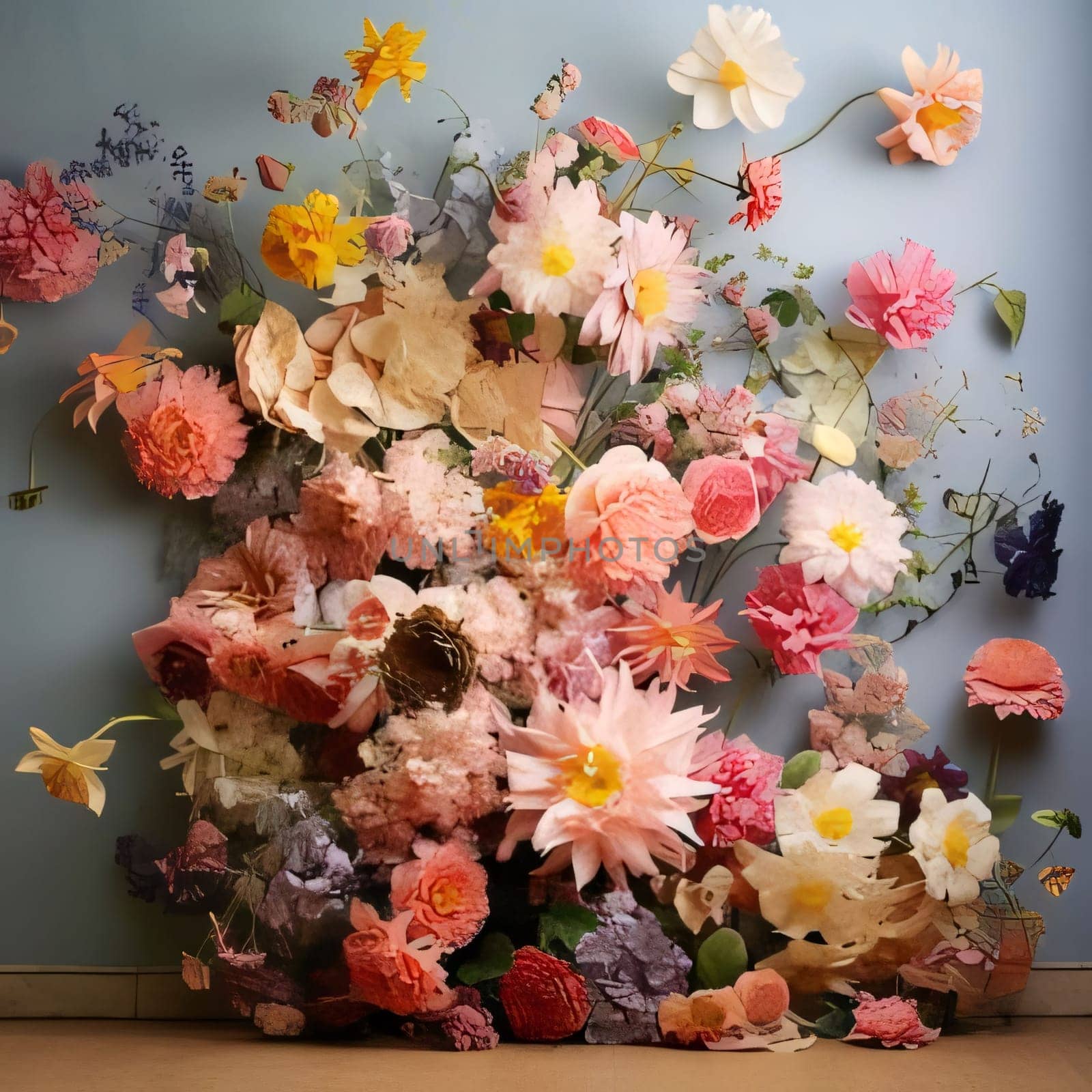Abstract, mixed bouquet of colorful flowers of different kinds and species. Flowering flowers, a symbol of spring, new life. A joyful time of nature waking up to life.