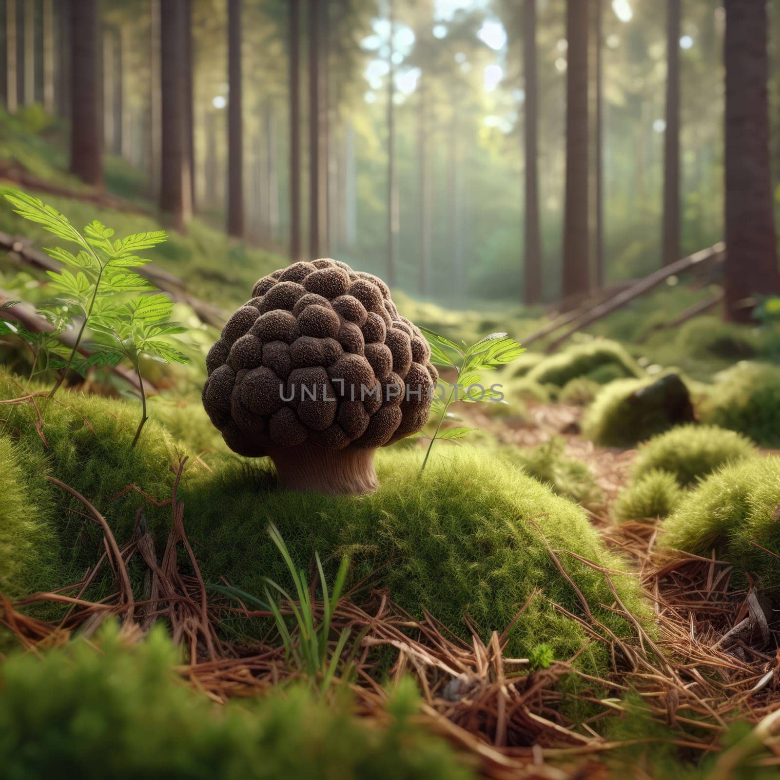 A unique truffle mushroom amidst lush greenery in a serene forest, illuminated by soft, natural light