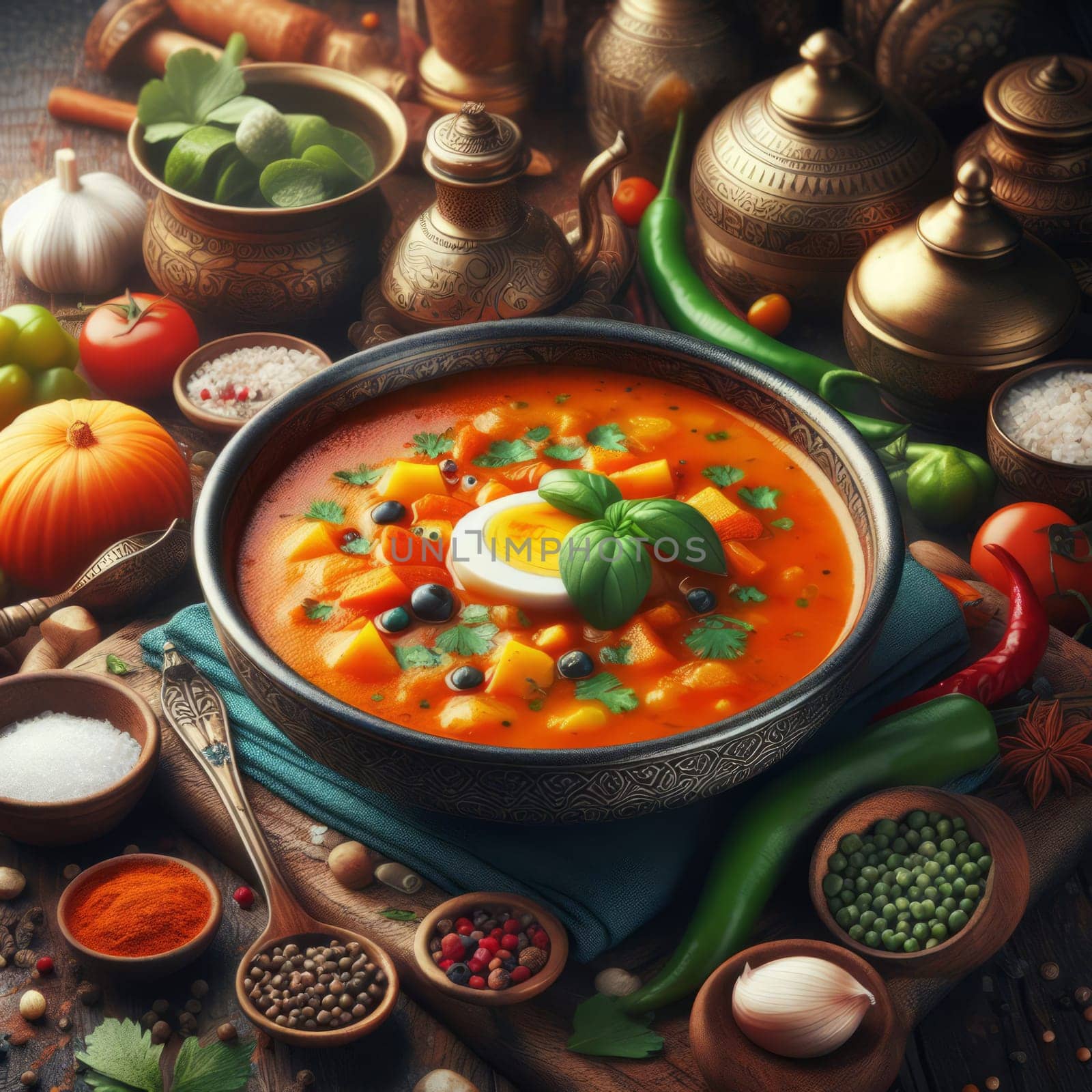 A bowl of traditional Indian curry, served in a brass bowl and surrounded by a variety of spices and ingredients