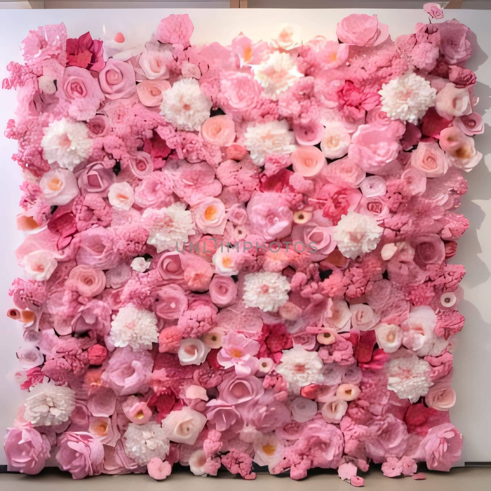 Decorated wall of white, pink and red flower petals, roses. Flowering flowers, a symbol of spring, new life. A joyful time of nature waking up to life.