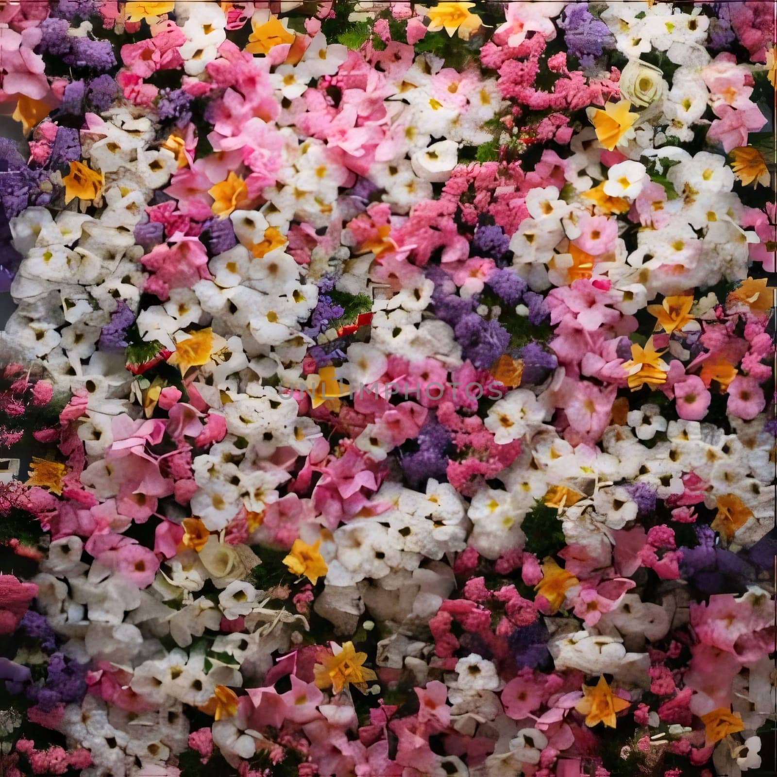Top view of hundreds of colorful pink, white yellow flowers. Flowering flowers, a symbol of spring, new life. A joyful time of nature waking up to life.