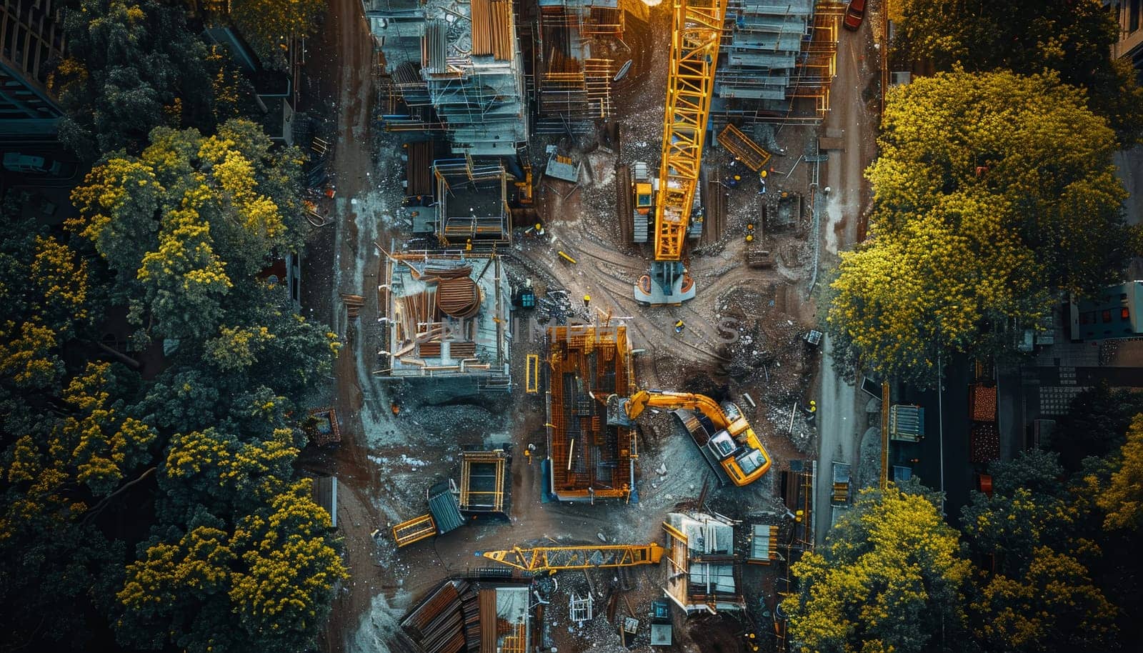 A construction site with a large building in the background by AI generated image.