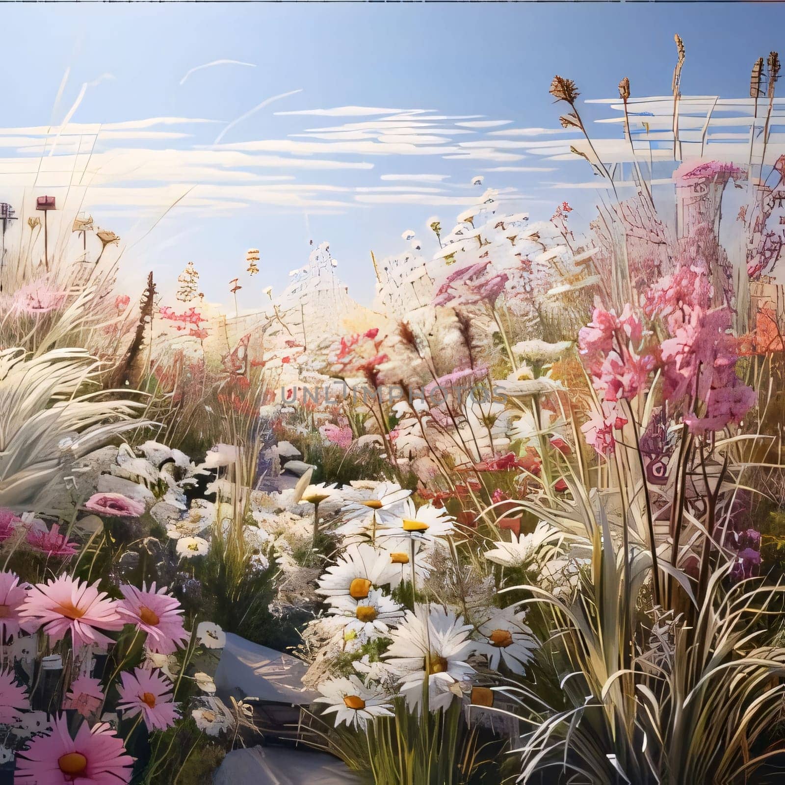 Illustration, view of white daisies and pink flowers in a clearing, day. Flowering flowers, a symbol of spring, new life. by ThemesS