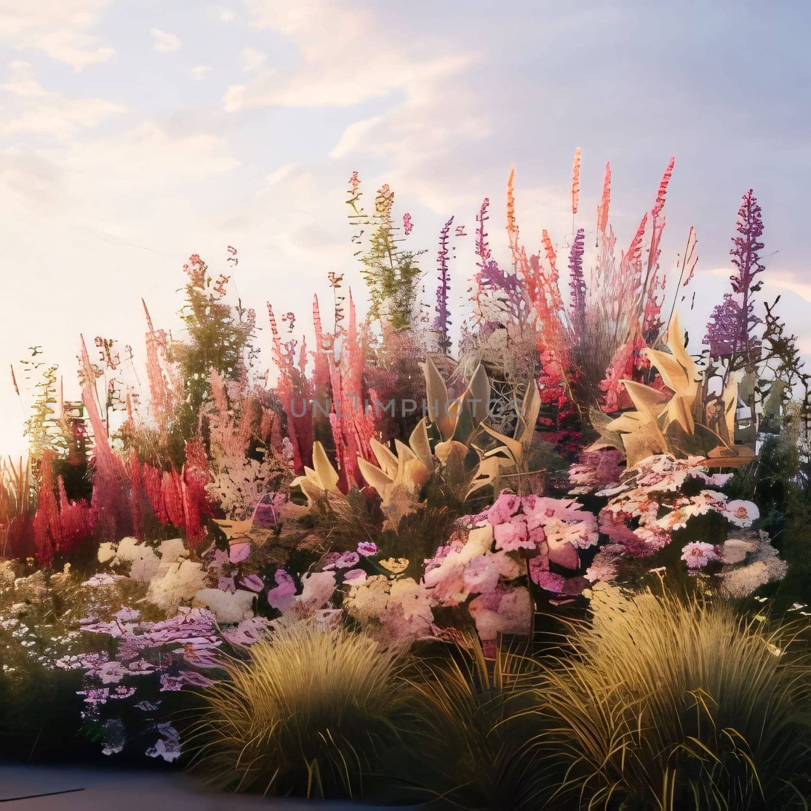 Colorful flowers in the garden of different species. Photo in the daytime. Flowering flowers, a symbol of spring, new life. A joyful time of nature waking up to life.