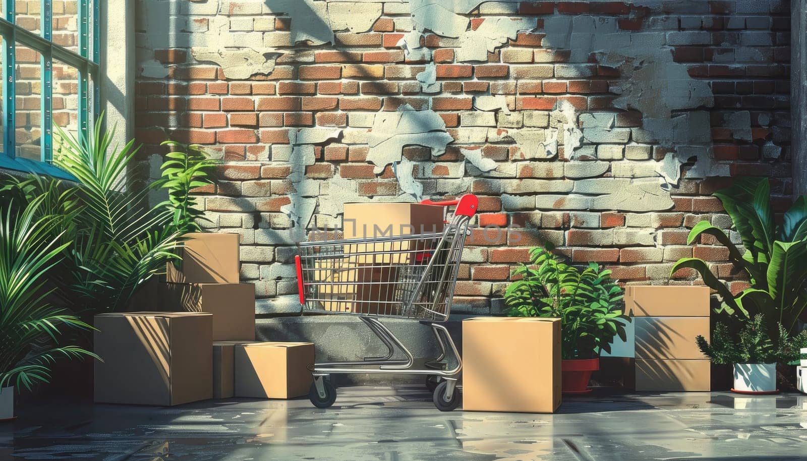 A shopping cart is in front of a pile of cardboard boxes by AI generated image.