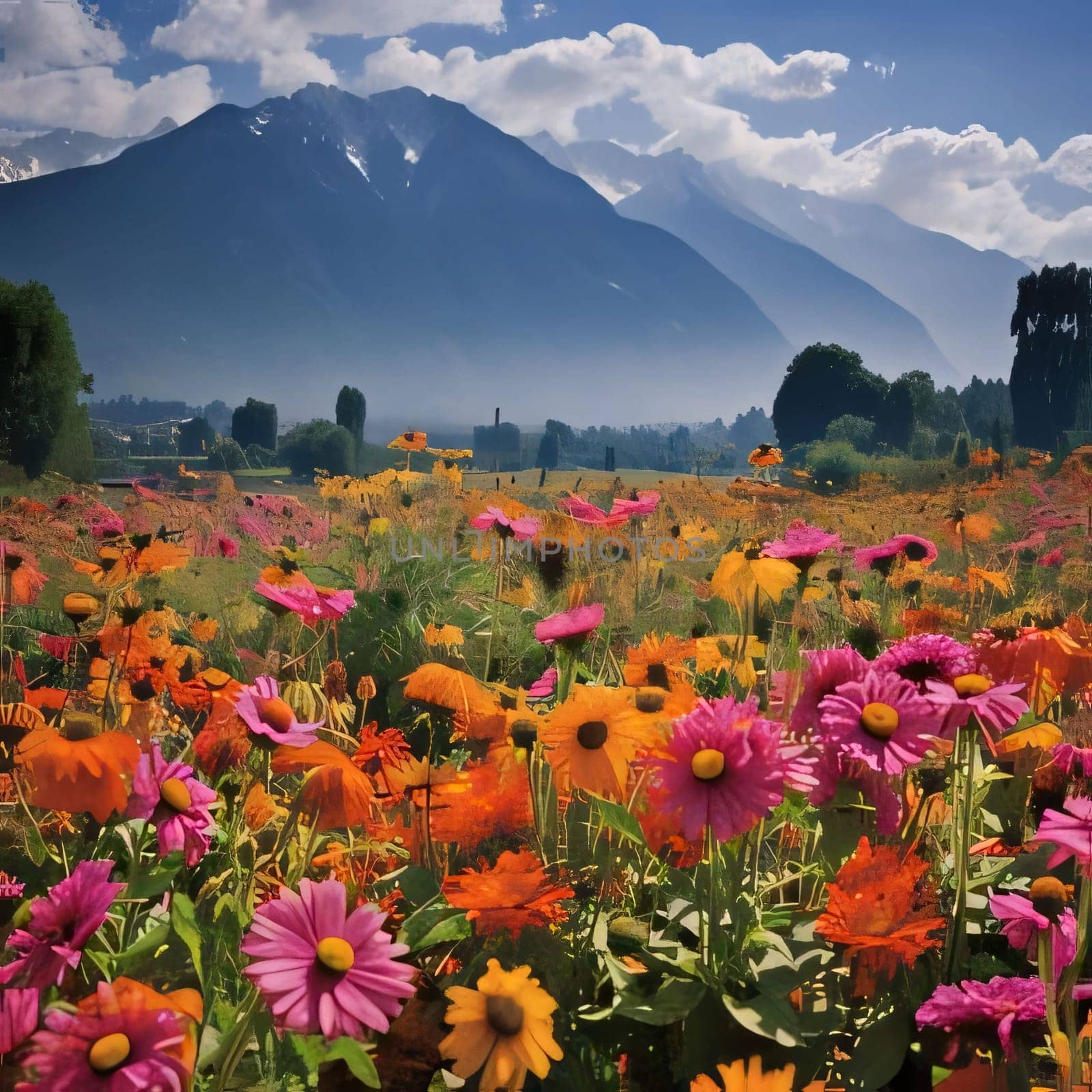 Pink, orange, white flowers in a clearing, mountains in the background. Flowering flowers, a symbol of spring, new life. A joyful time of nature waking up to life.