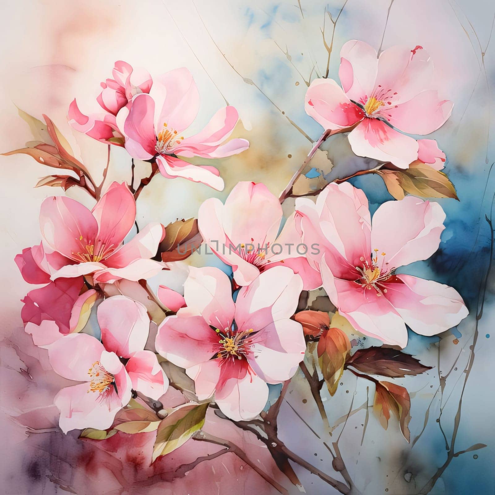 Illustrations painted with watercolor paints pink cherry blossoms. Image. Flowering flowers, a symbol of spring, new life. A joyful time of nature waking up to life.