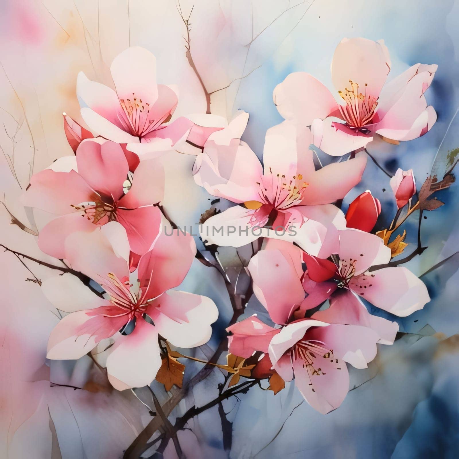 Illustrations painted with watercolor paints pink cherry blossoms. Image. Flowering flowers, a symbol of spring, new life. A joyful time of nature waking up to life.