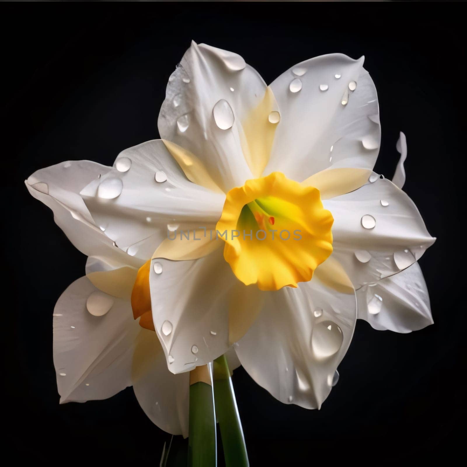 White daffodil flower isolated on black background. Flowering flowers, a symbol of spring, new life. A joyful time of nature waking up to life.