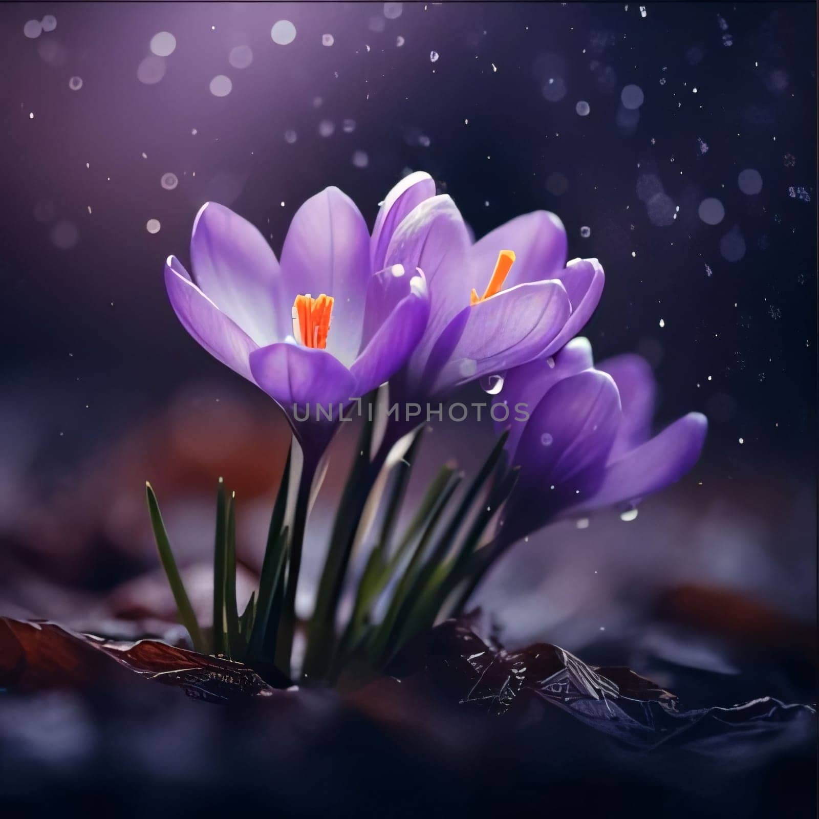 Crocuses on dark background. Flowering flowers, a symbol of spring, new life. A joyful time of nature waking up to life.