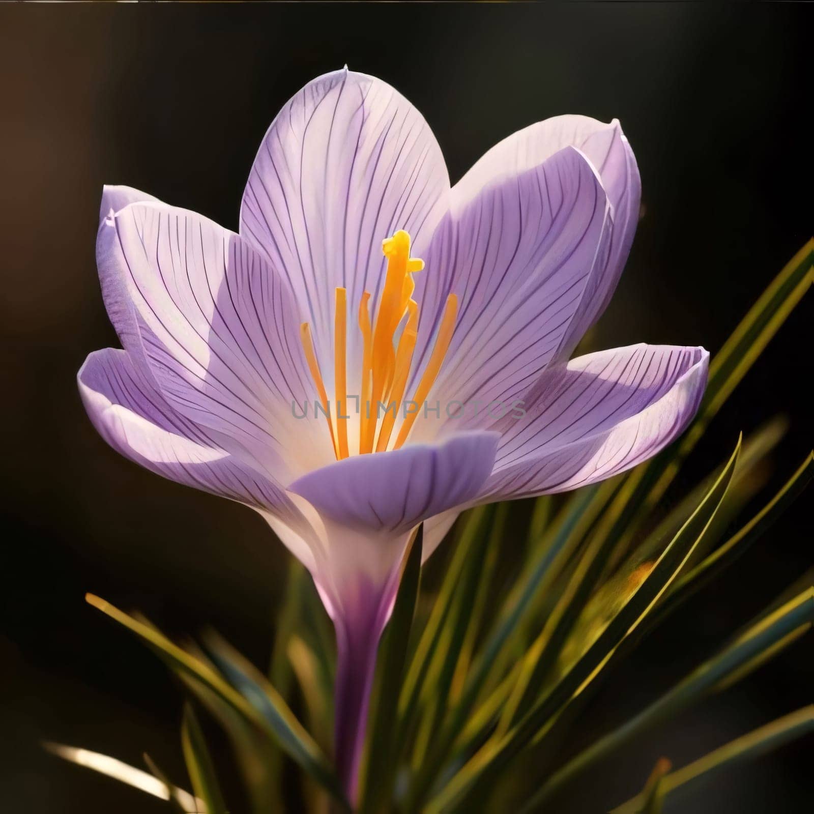 Purple flower with petals on a dark background. Flowering flowers, a symbol of spring, new life. A joyful time of nature waking up to life.