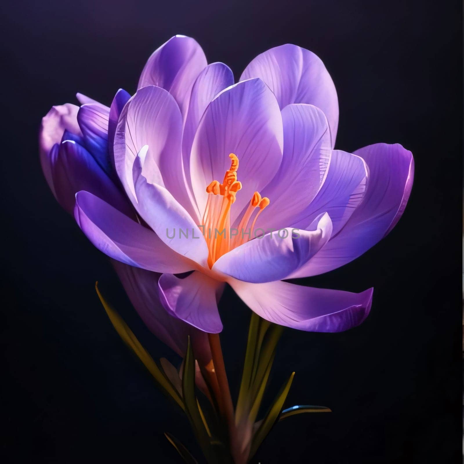 Purple crocus on dark background. Flowering flowers, a symbol of spring, new life. A joyful time of nature waking up to life.