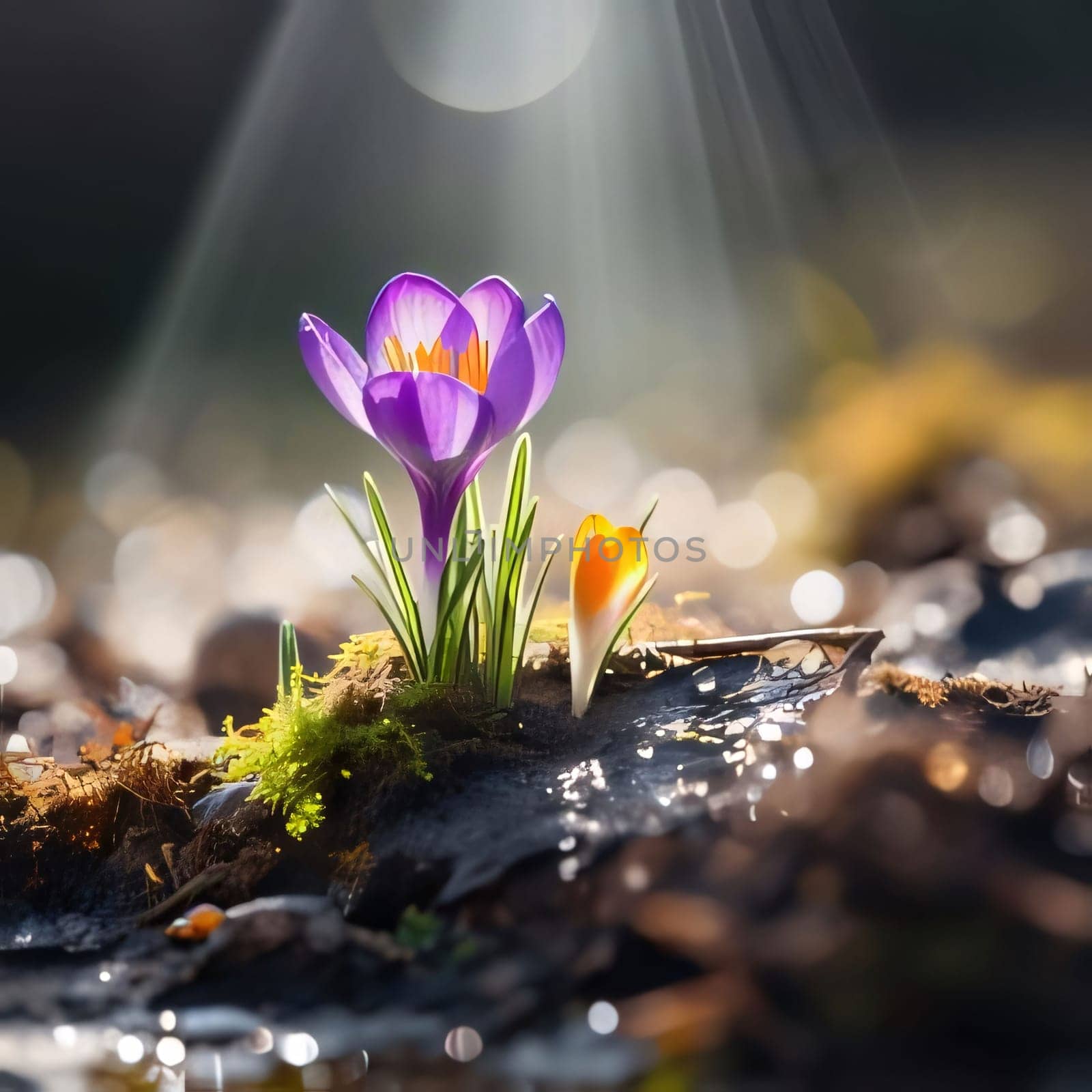 Purple crocuses growing in the middle of the moss in the sunlight. Flowering flowers, a symbol of spring, new life. A joyful time of nature waking up to life.