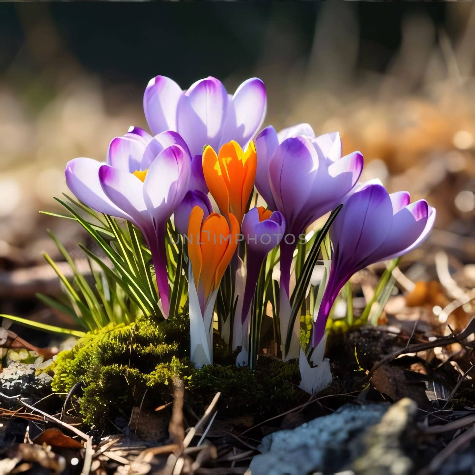 Purple crocuses growing in the middle of the moss in the sunlight. Flowering flowers, a symbol of spring, new life. A joyful time of nature waking up to life.