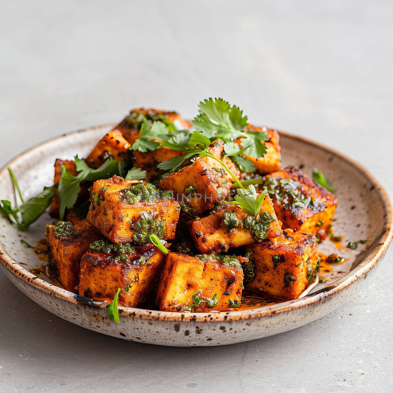 A dish of traditional Indian paneer cheese, diced and fried with spices, garnished with fresh cilantro and pesto on a ceramic plate. AI