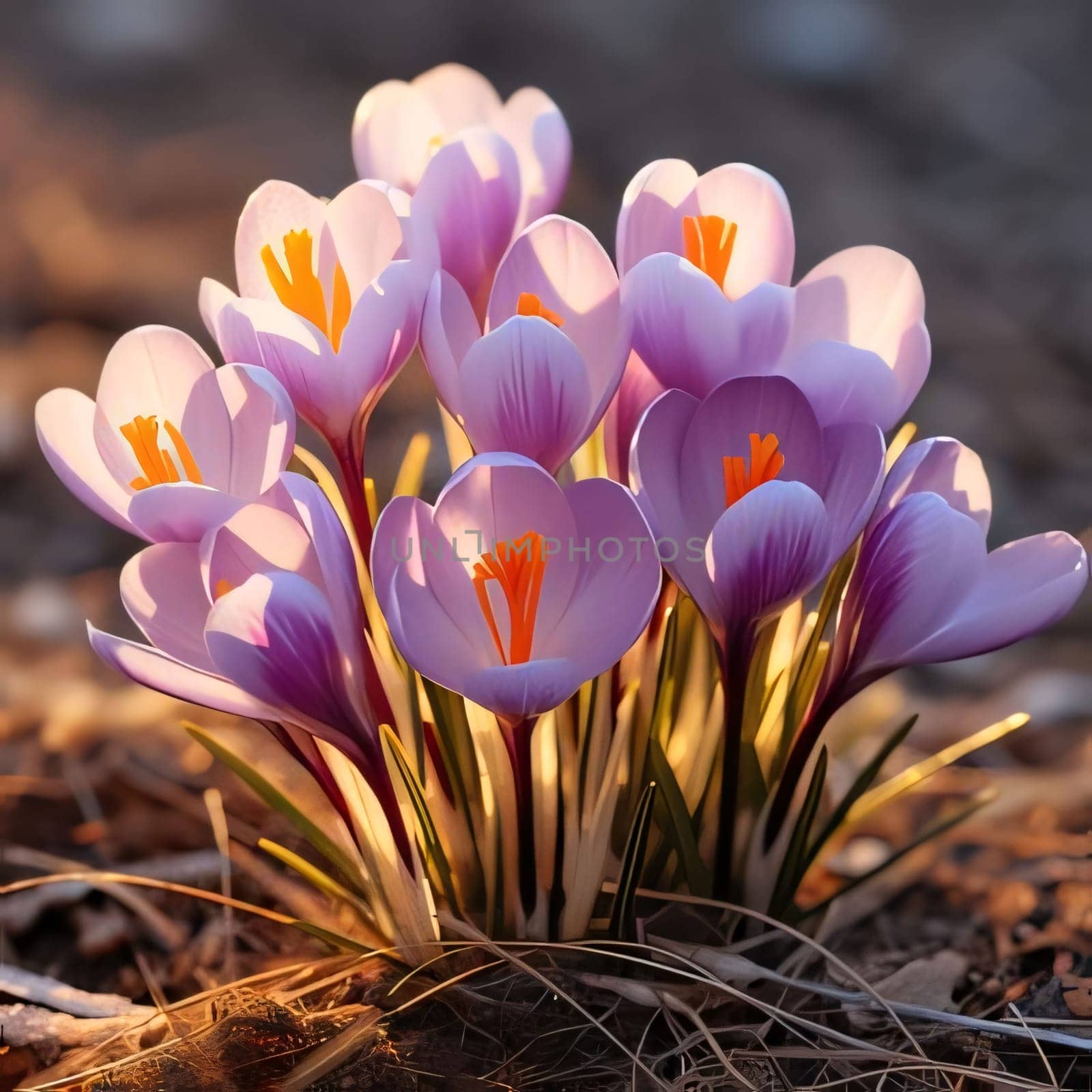 Purple and white spring crocuses growing out of the mulch. Flowering flowers, a symbol of spring, new life. A joyful time of nature waking up to life.