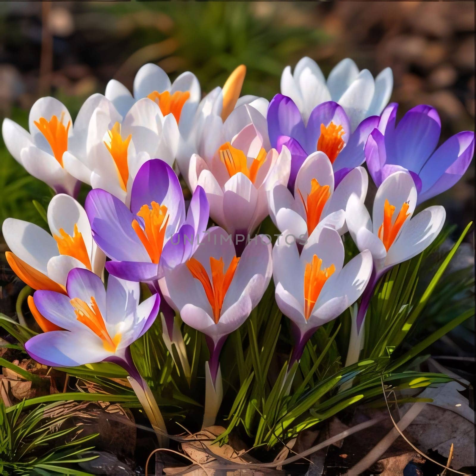 Purple and white spring crocuses growing out of the mulch. Flowering flowers, a symbol of spring, new life. A joyful time of nature waking up to life.