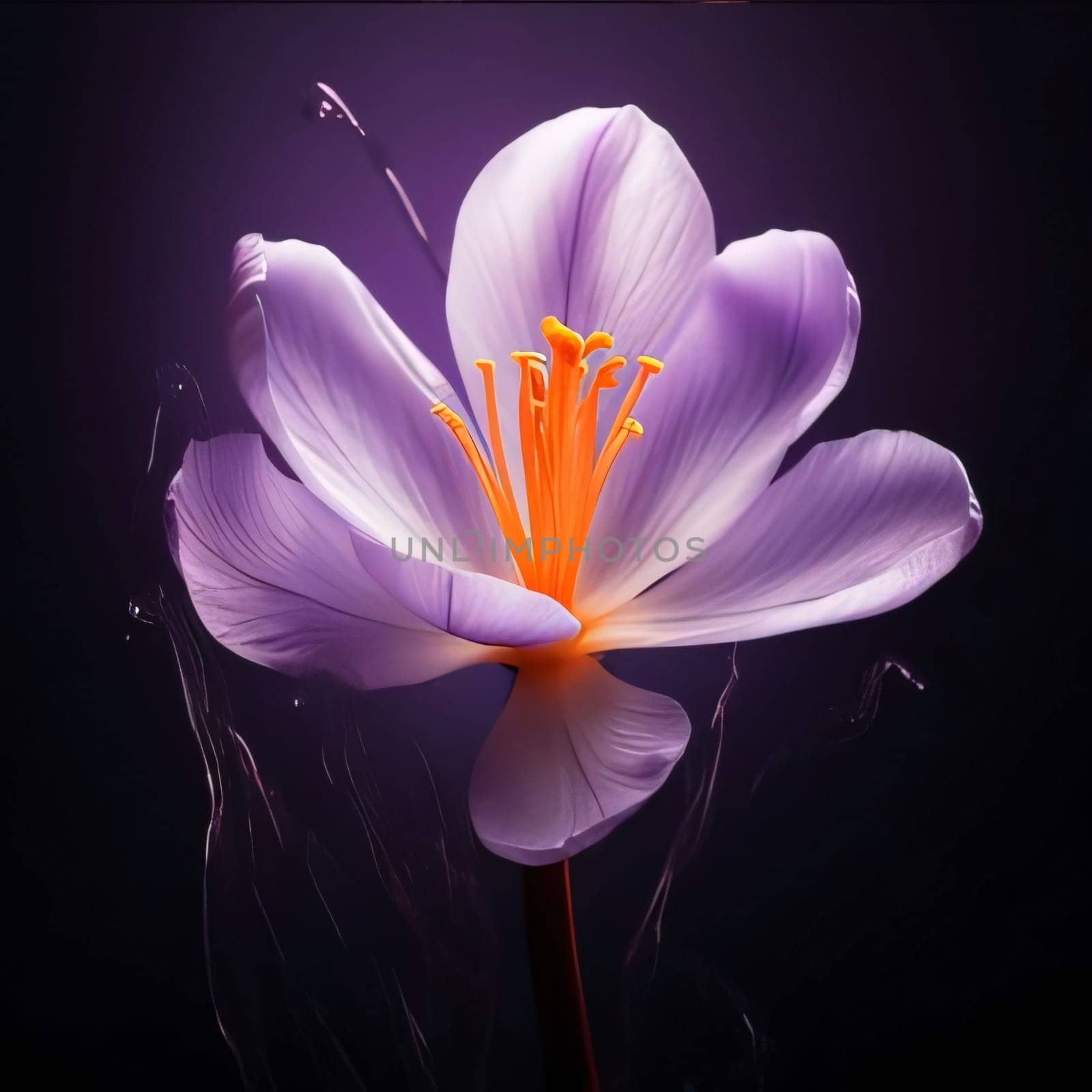 Purple and orange flower with petals up close on a dark background. Flowering flowers, a symbol of spring, new life. A joyful time of nature waking up to life.