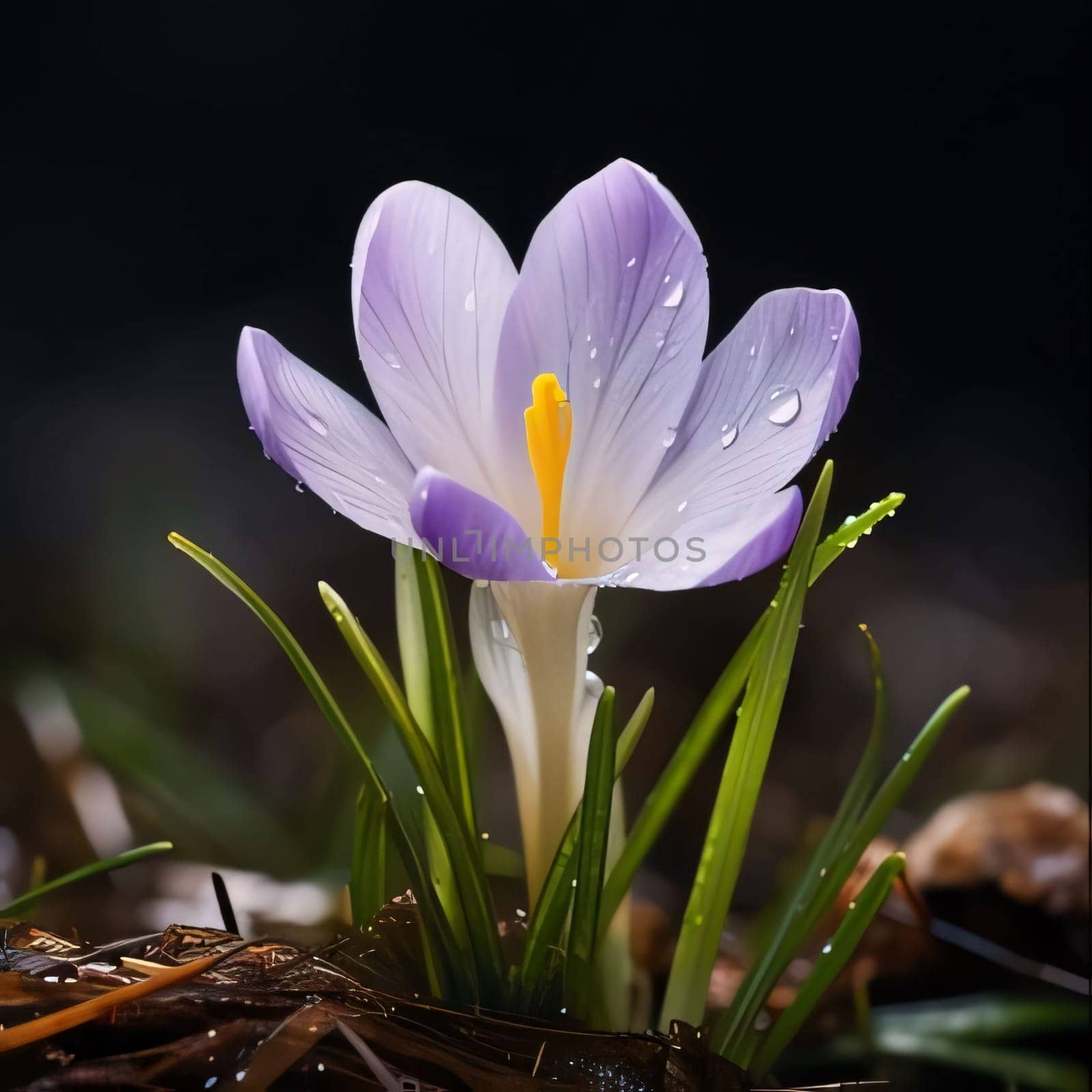 Purple spring crocus growing out of mulch. Flowering flowers, a symbol of spring, new life. A joyful time of nature waking up to life.