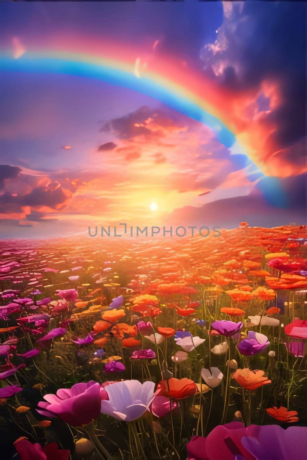 A field with colorful flowers at sunset, a rainbow in the sky. Flowering flowers, a symbol of spring, new life. A joyful time of nature waking up to life.