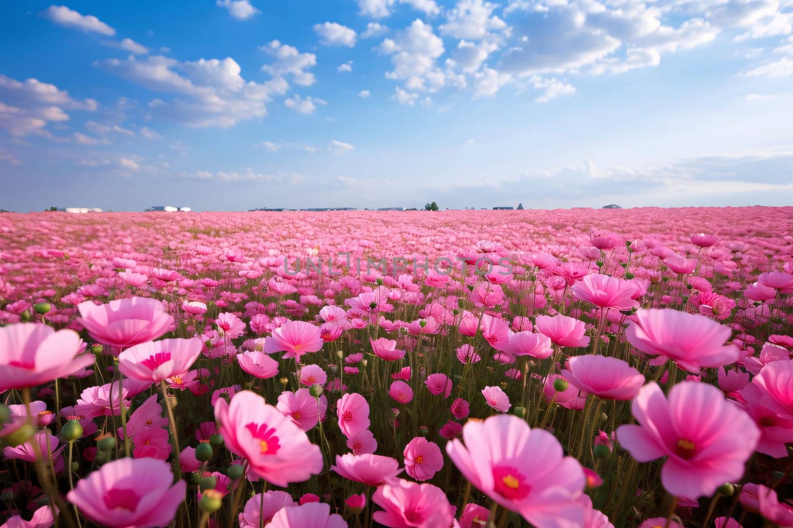 A flowery field, a field full of pink flowers, in the daytime, clouds in the sky. Flowering flowers, a symbol of spring, new life. A joyful time of nature waking up to life.