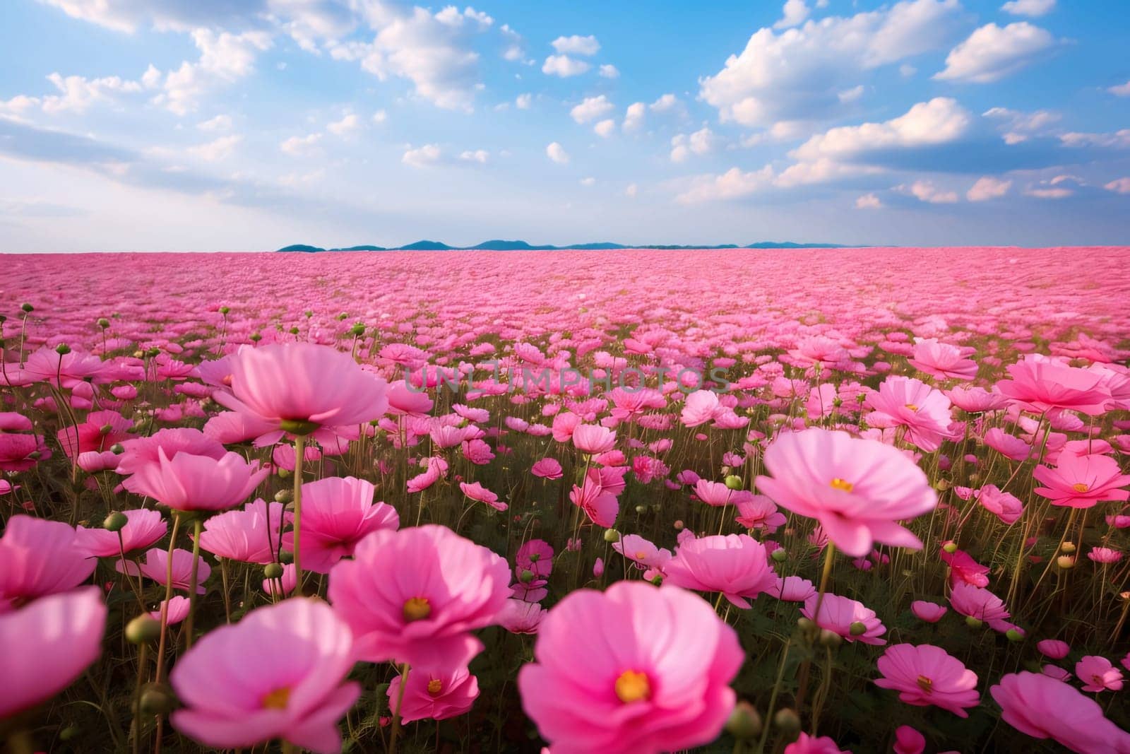 A flowery field, a field full of pink flowers, in the daytime, clouds in the sky. Flowering flowers, a symbol of spring, new life. A joyful time of nature waking up to life.