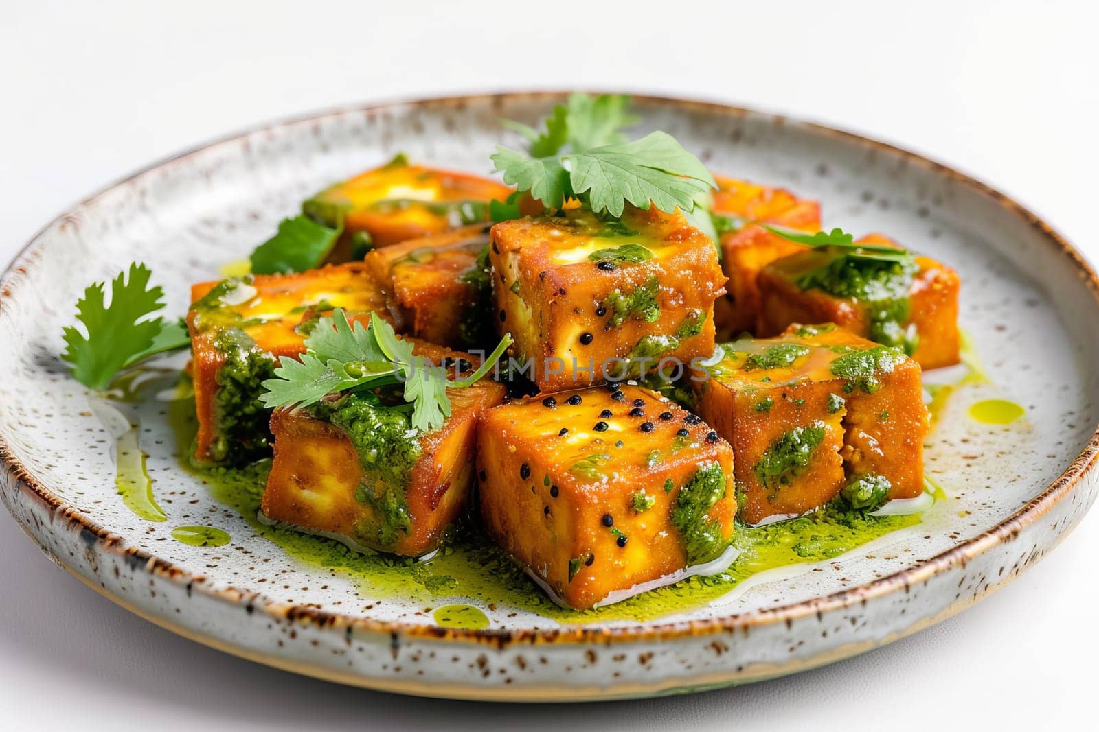 A dish of traditional Indian paneer cheese, diced and fried with spices, garnished with fresh cilantro and pesto on a ceramic plate. AI