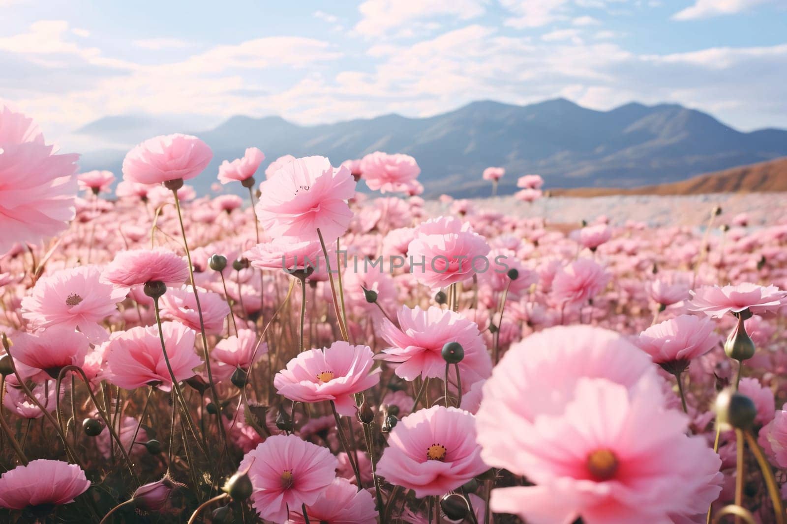 A flowery field, a field full of pink flowers, in the daytime, clouds in the sky. Flowering flowers, a symbol of spring, new life. A joyful time of nature waking up to life.