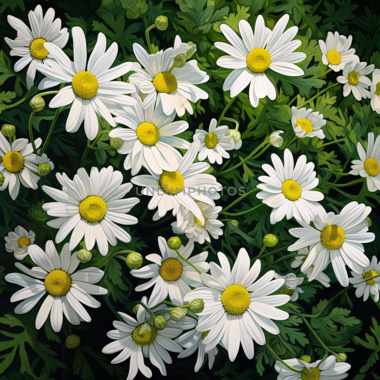 White daisies with green leaves in a field, close-up view. Flowering flowers, a symbol of spring, new life. by ThemesS