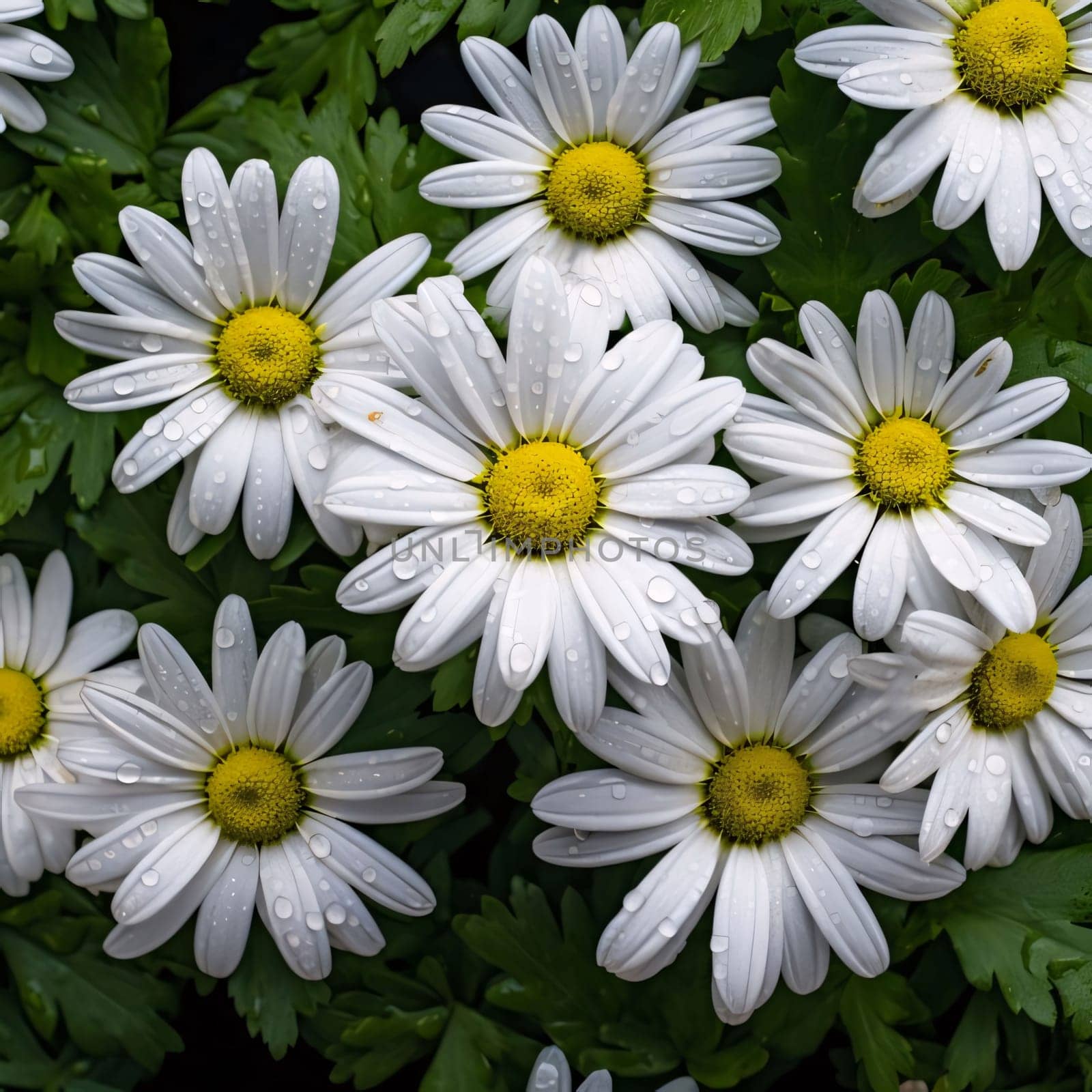 White daisies with green leaves in a field, close-up view. Drops of dew, rain, water on the petals. Flowering flowers, a symbol of spring, new life. A joyful time of nature waking up to life.