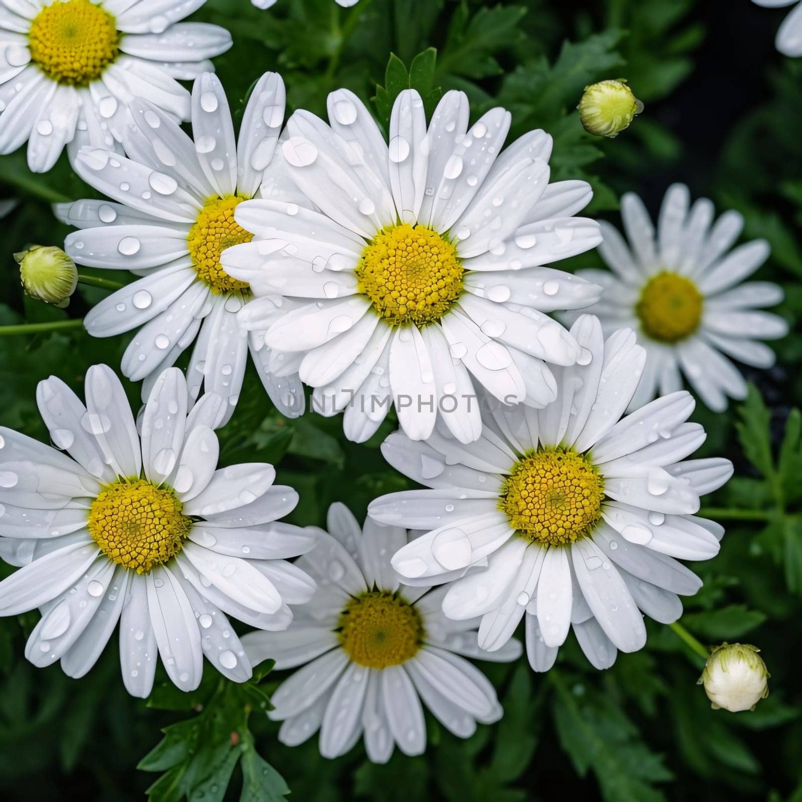 White daisies with green leaves in a field, close-up view. Drops of dew, rain, water on the petals. Flowering flowers, a symbol of spring, new life. A joyful time of nature waking up to life.