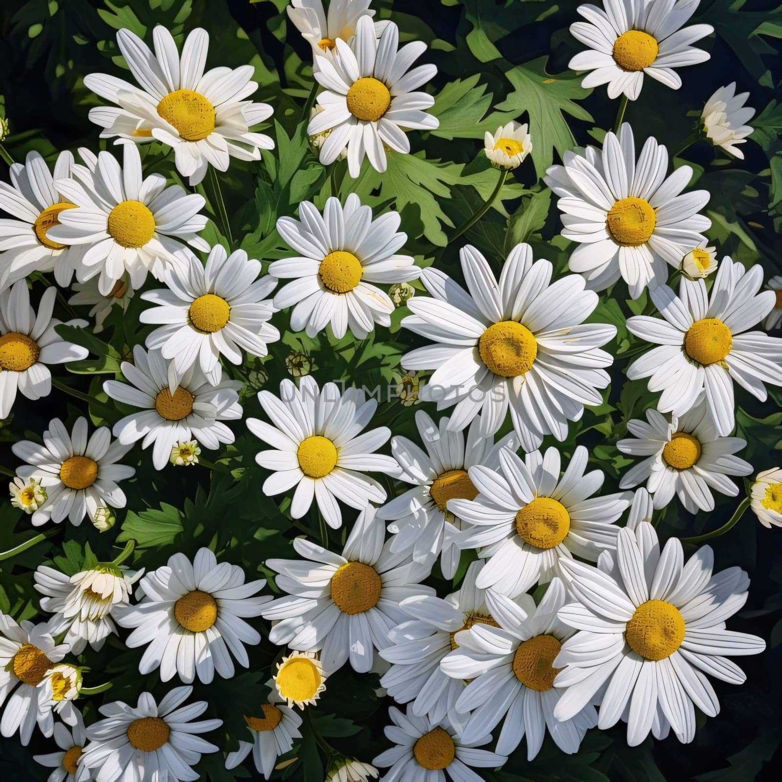 White daisies with green leaves in a field, close-up view. Flowering flowers, a symbol of spring, new life. A joyful time of nature waking up to life.