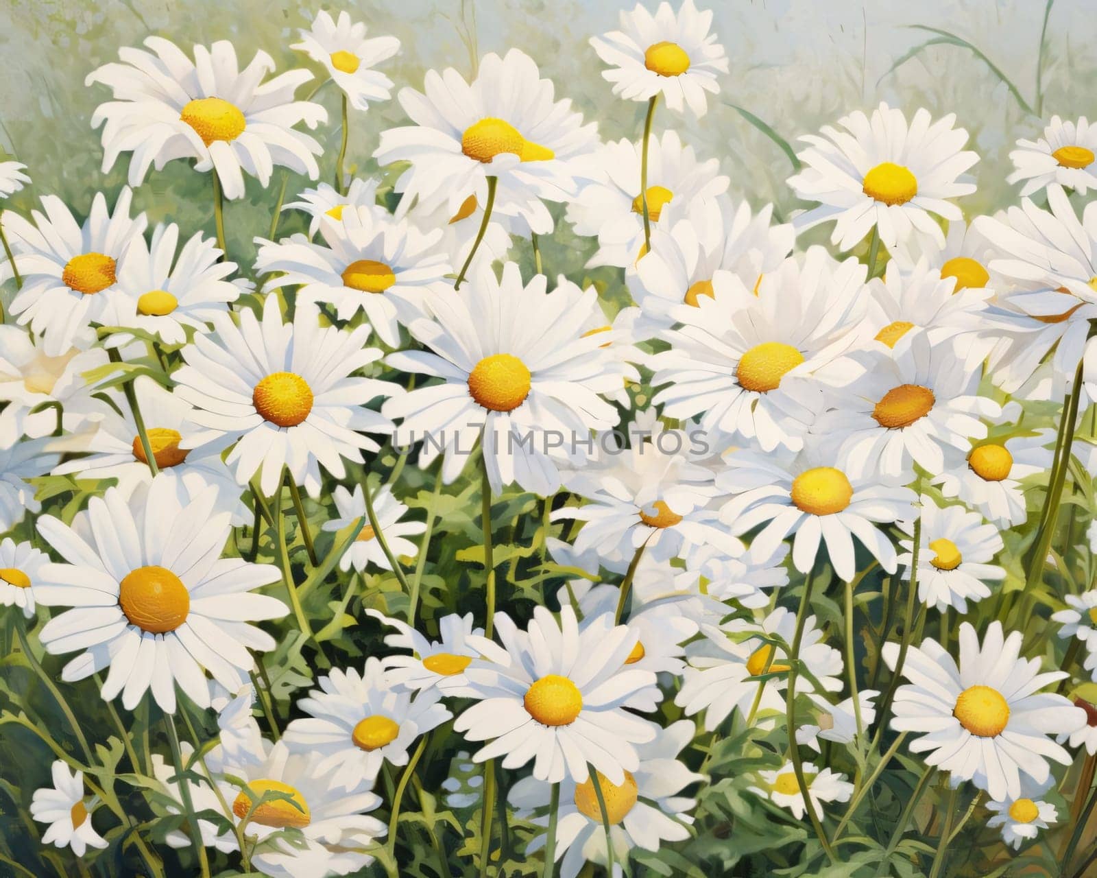 White daisies with green leaves in a field, close-up view. Flowering flowers, a symbol of spring, new life. A joyful time of nature waking up to life.