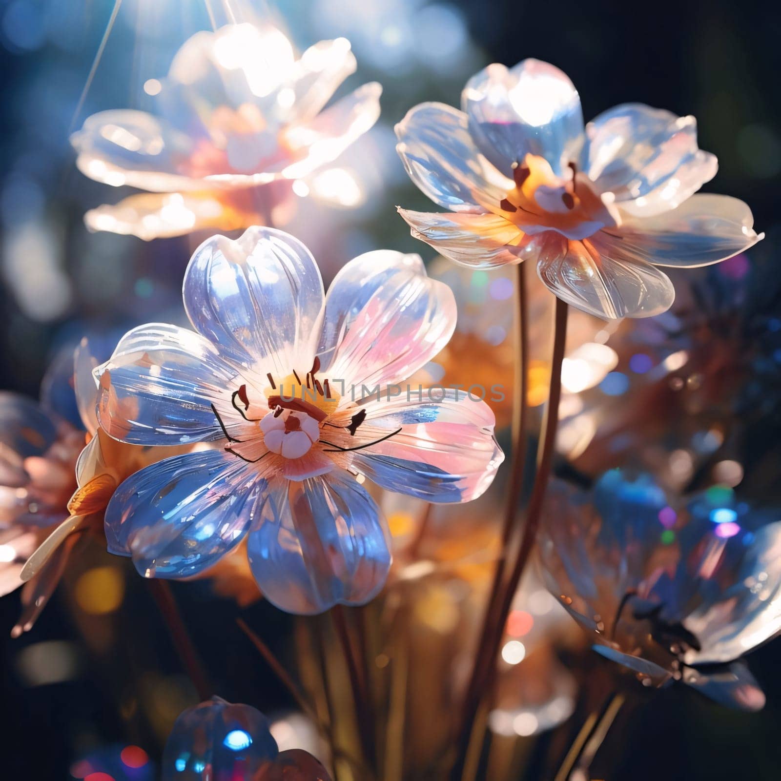 Flowers with transparent leaves in the evening rays of the sun. Flowering flowers, a symbol of spring, new life. by ThemesS