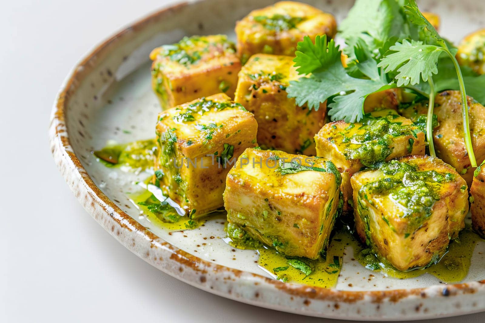 A dish of traditional Indian paneer cheese, diced and fried with spices, garnished with fresh cilantro and pesto on a ceramic plate. AI