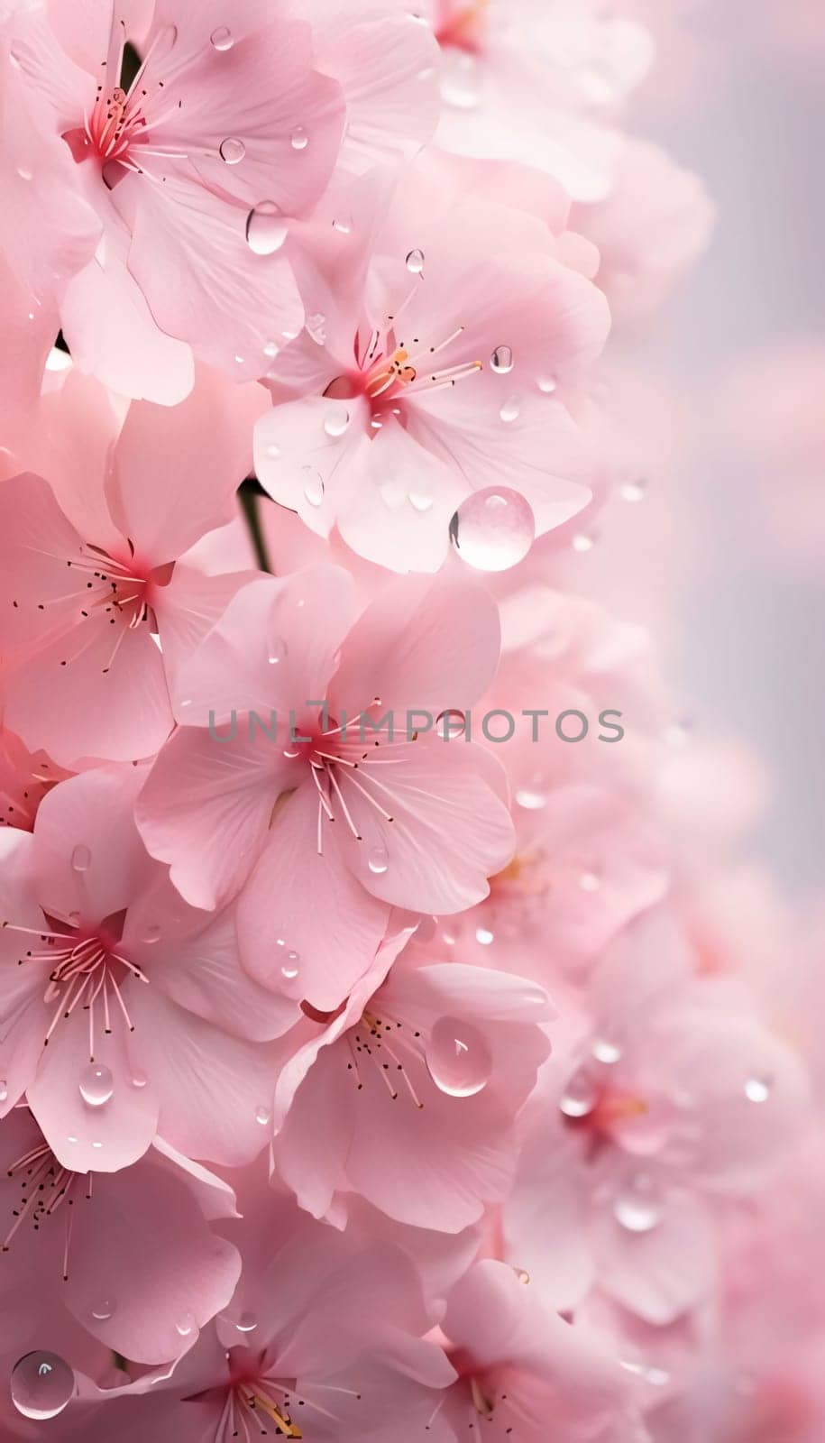 Pink cherry blossoms with drops of water, rain, dew, pink petals close-up view. Flowering flowers, a symbol of spring, new life. A joyful time of nature waking up to life.