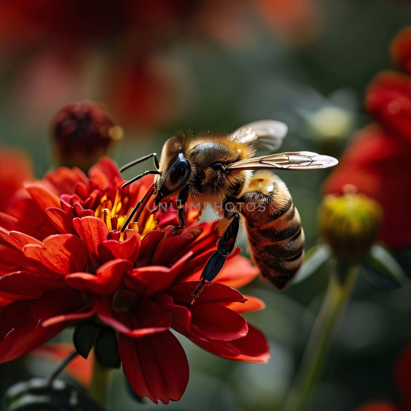 A bee on a red flower, blurred background, close-up view. Flowering flowers, a symbol of spring, new life. by ThemesS