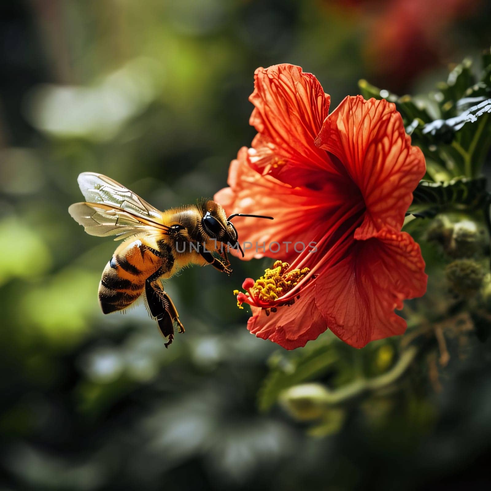 A bee on a red flower, blurred background, close-up view. Flowering flowers, a symbol of spring, new life. A joyful time of nature waking up to life.