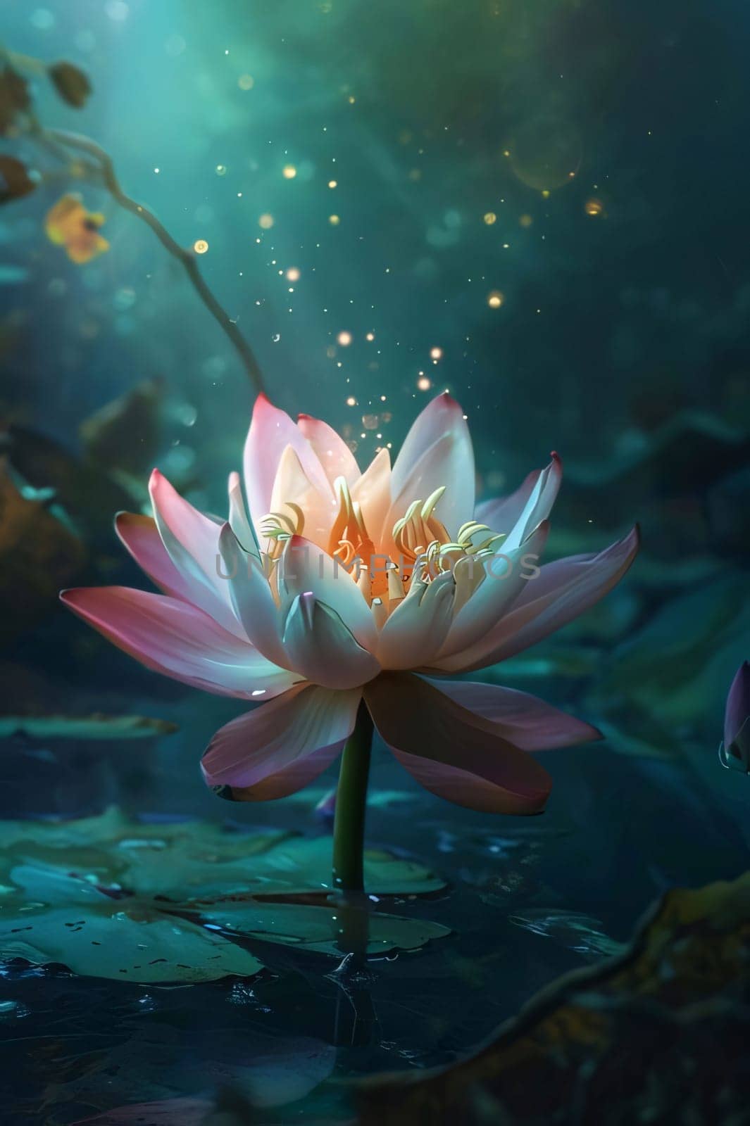 Water lily in the pond all around green leaves water rays of sunshine. Flowering flowers, a symbol of spring, new life. A joyful time of nature waking up to life.