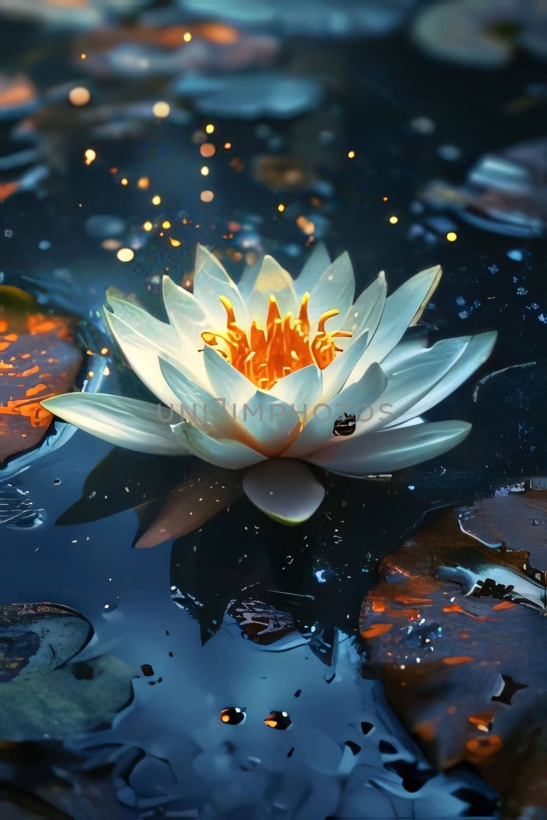 Water lily in the pond all around green leaves water rays of sunshine. Flowering flowers, a symbol of spring, new life. A joyful time of nature waking up to life.