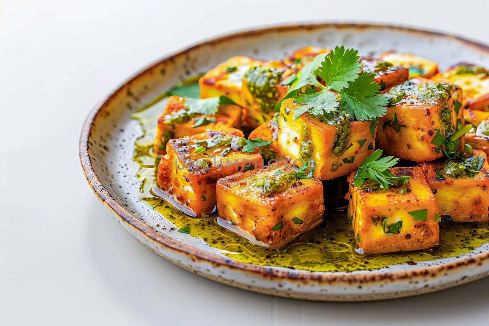 A dish of traditional Indian paneer cheese, diced and fried with spices, garnished with fresh cilantro and pesto on a ceramic plate. AI