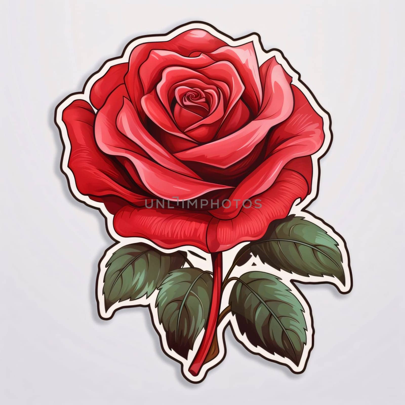 Sticker Red Rose with Green Leaves. Flowering flowers, a symbol of spring, new life. A joyful time of nature waking up to life.