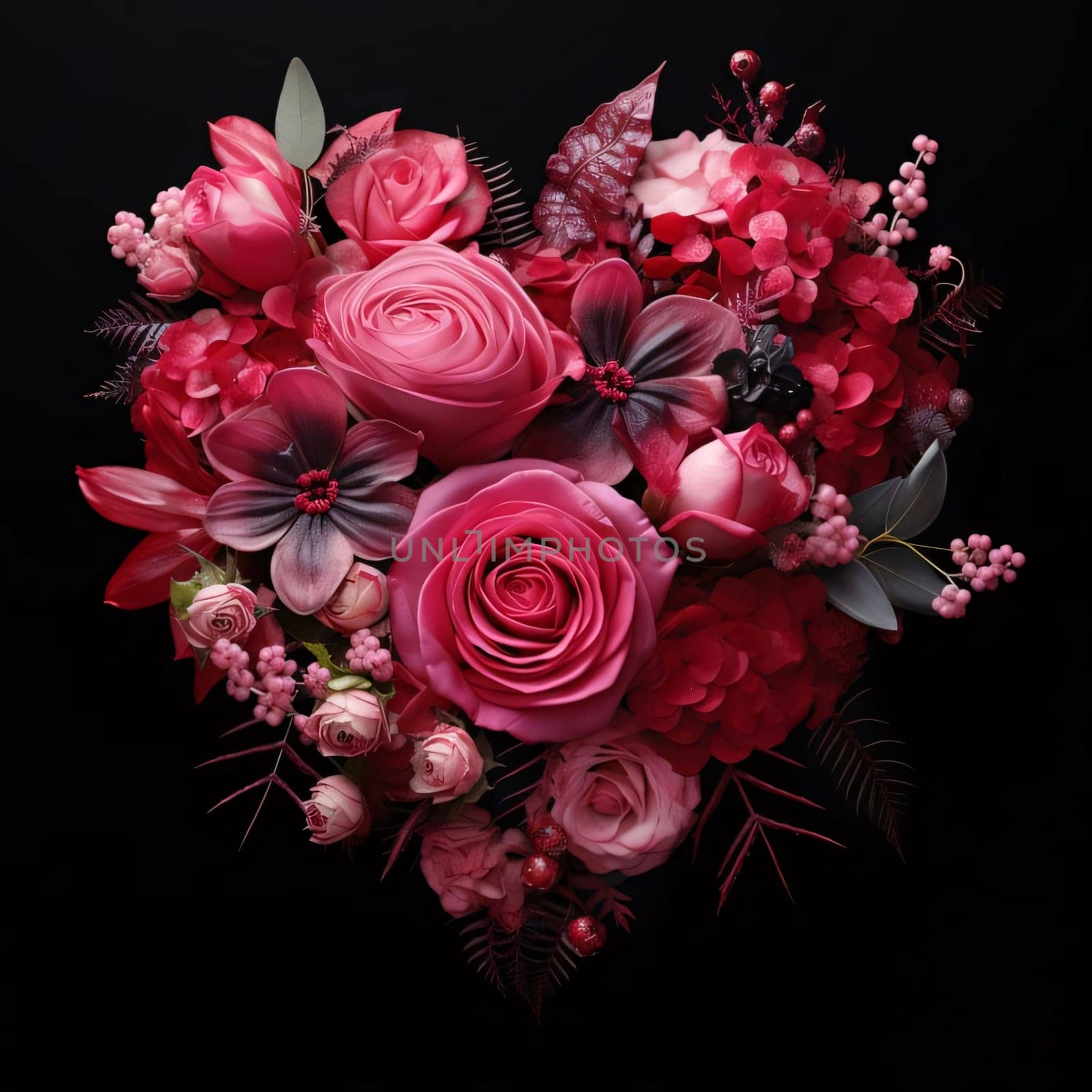 Bouquet of red pink flowers forming a heart black background. Flowering flowers, a symbol of spring, new life. A joyful time of nature waking up to life.